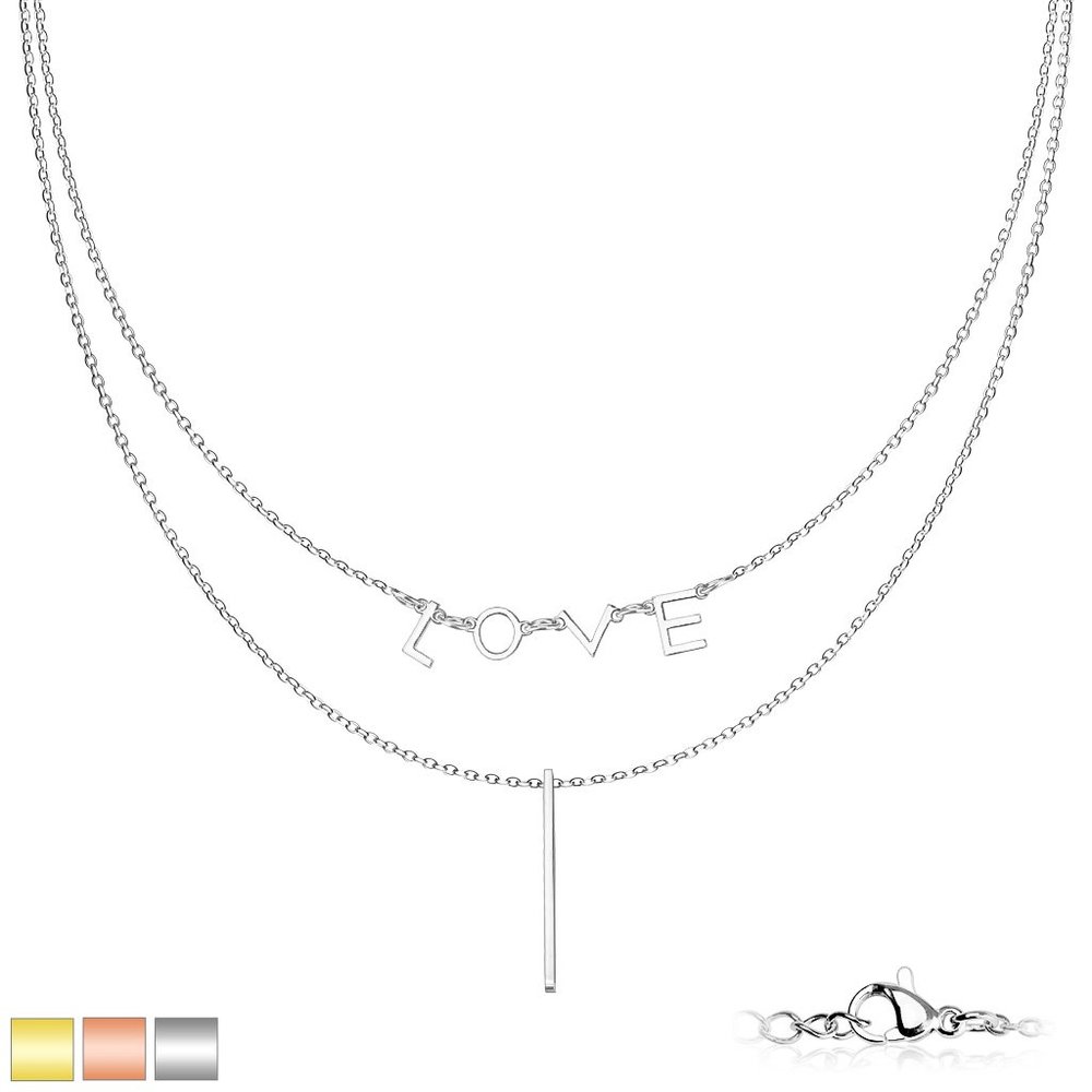 Rectangular Bar and "LOVE" Charm on Double Layered Stainless Steel Chain Necklac